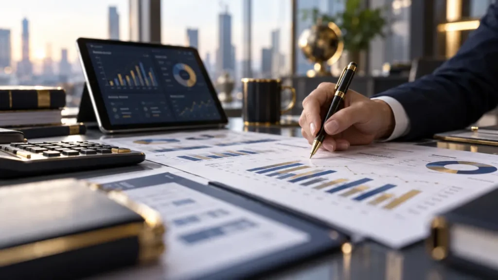 Responsable administratif et financier travaillant sur des tableaux de bord financiers dans un bureau